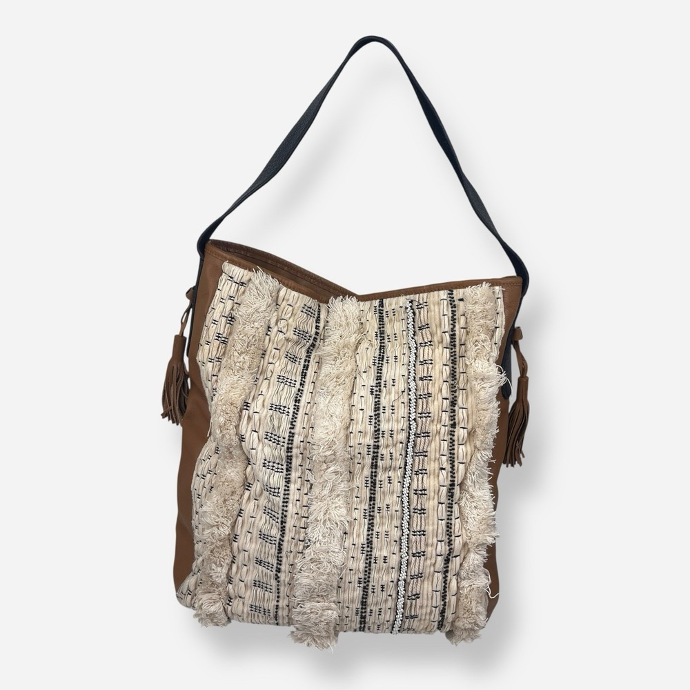 Anthropologie Holding Horses Leather Bucket Bag Tote Shoulder Beaded Cream Brown